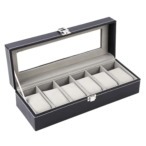 Uitndvyte Wunderschöne Uhrenbox mit 6 Schlitzen aus PU-Leder für Uhren, Schmuck, Aufbewahrungsbox mit Glasdeckel, schneller zum Finden von Schätzen