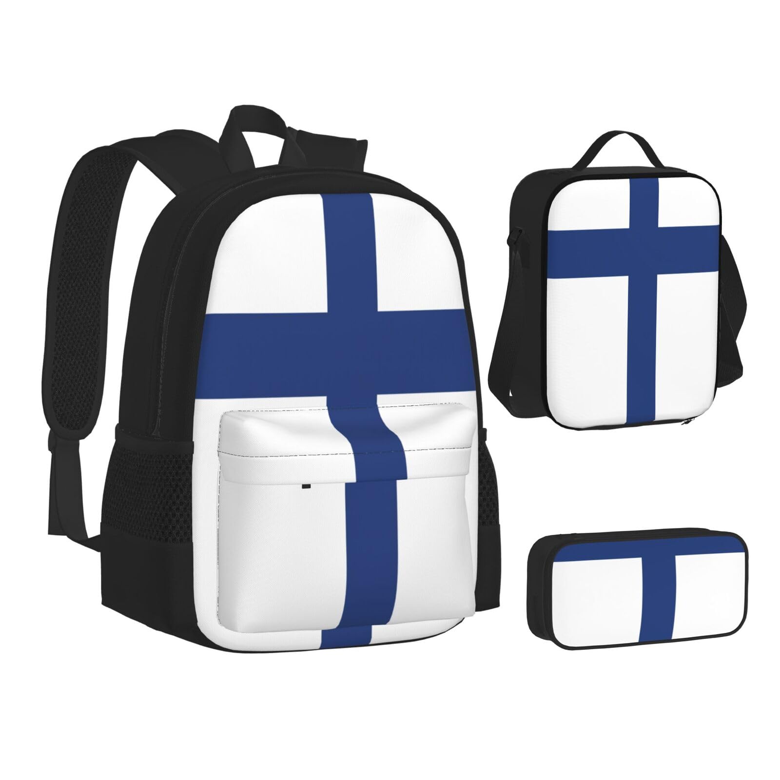 WURTON Rucksack und Lunchbox-Set mit finnischer Flagge, 3-in-1-Rucksack und Federmäppchen, passende Kombination, Schwarz, Einheitsgröße