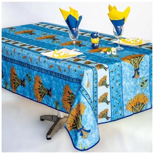 Rechteckige schmutzabweisende Tischdecke - Faltenbeständig und 100% Polyester - Blau - 240x150 cm - Bouquet de Blé - 6/8 Besteck - Innen oder Außen - Esstisch, Küche oder Garten