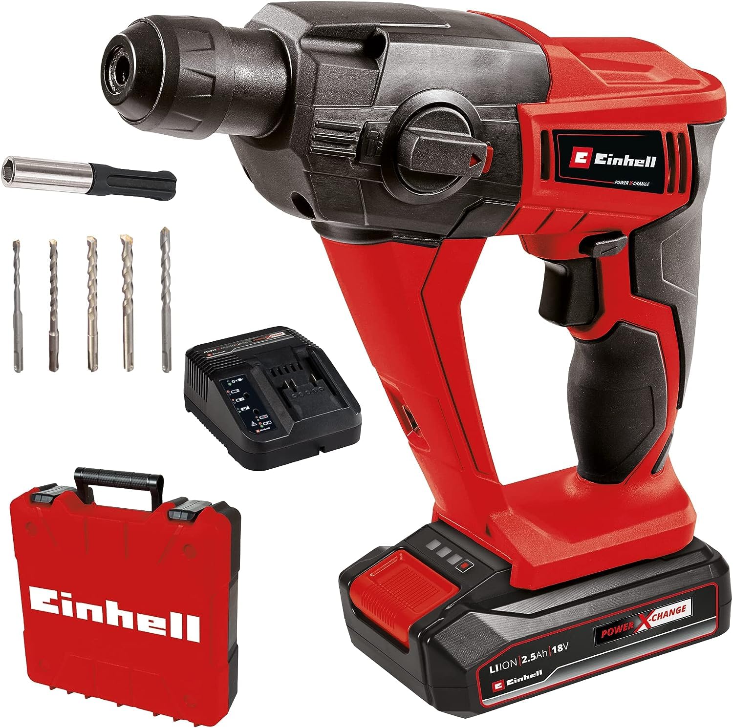 Einhell Akku-Bohrhammer TE-HD 18 Li Kit (1x2,5 Ah) Power X-Change (Li-Ion, 18 V, 1,2 J, SDS-Plus-Aufnahme, 12 mm Bohrleistung Beton, inkl. 2,5 Ah Akku, Ladegerät, 5 Bohrer, Koffer)