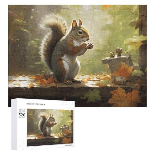 520-teiliges Puzzle für Erwachsene und Familien, herausforderndes Puzzle für Spieleabende, Eichhörnchen isst Nüsse, personalisierbar, Holzpuzzleteile, 51,8 x 38,1 cm