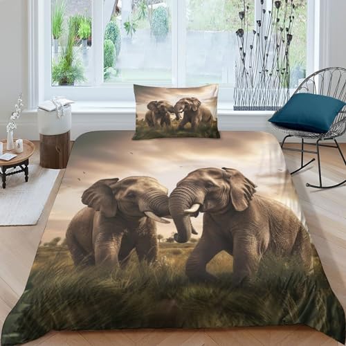 CKSEKD wild Animal Bedding Sets Satin Elephants Steppdeckenbezug Reißverschluss Bettdeckenbezug Zip-Verschluss Bettwäsche Garnitur Verschiedene Größen Bettbezug Single（135x200cm）