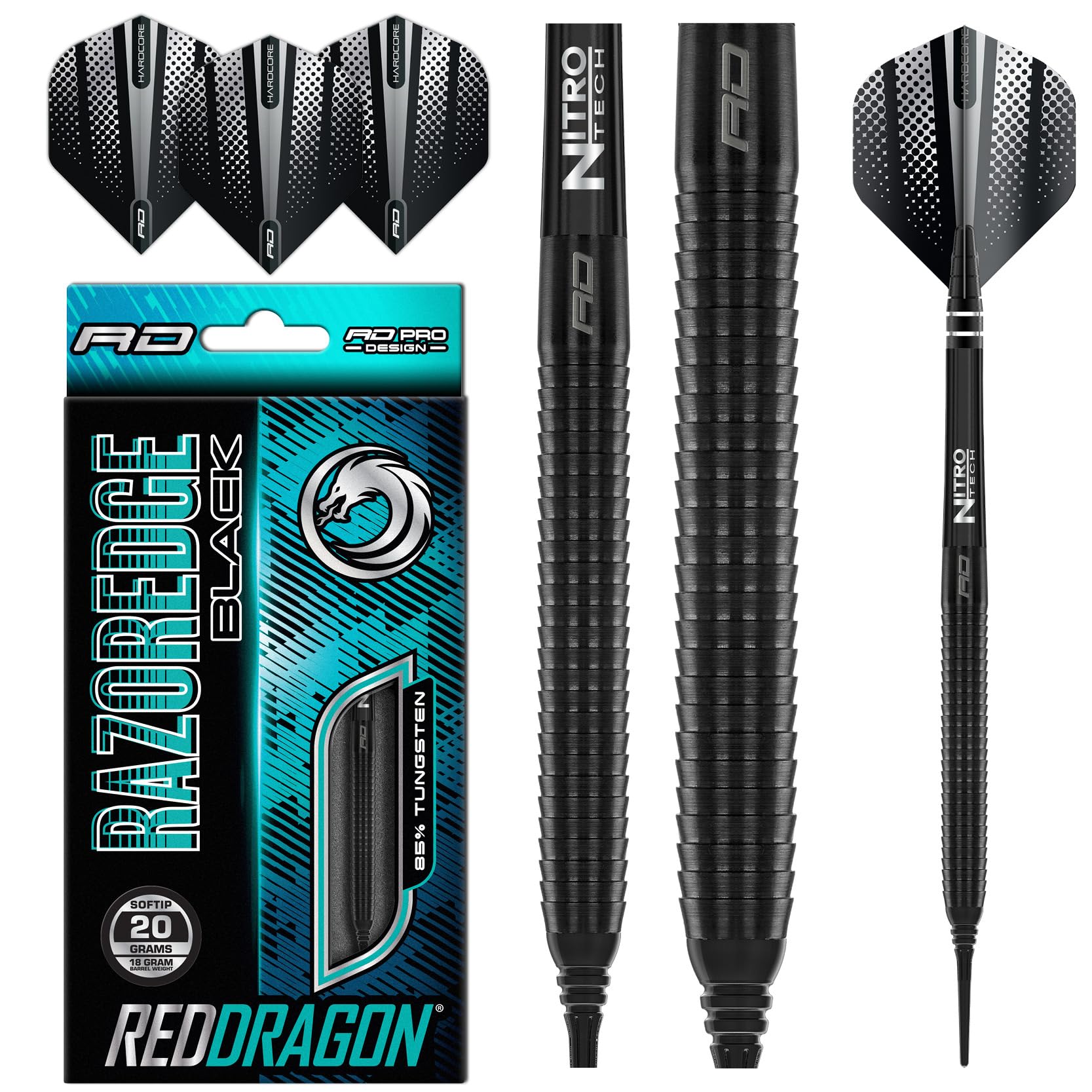 RED DRAGON Razor Edge Black 18 Gramm Softip Dartpfeile Tungsten Profi Steel Darts mit Flights und Schäfte