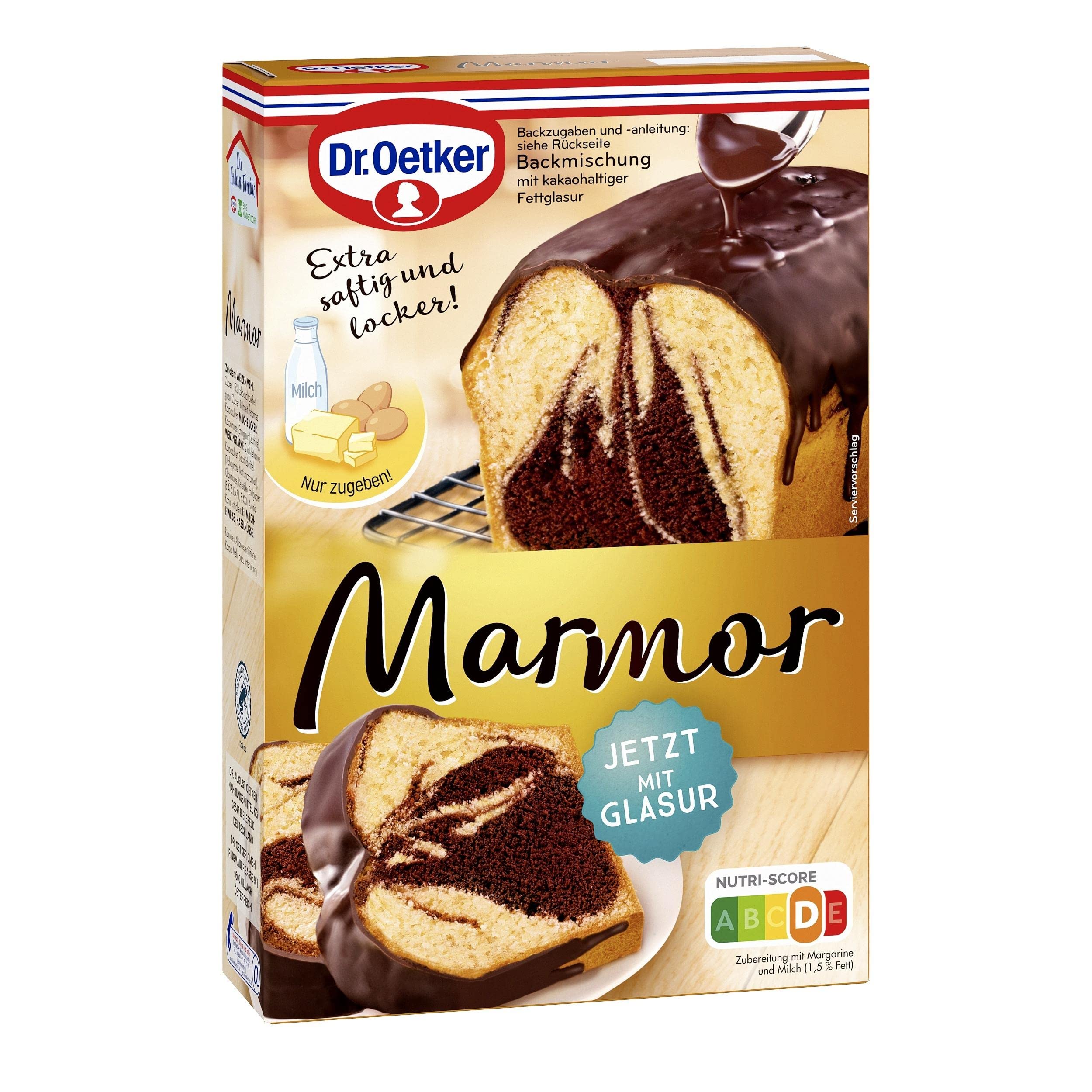 Dr. Oetker Marmor Kuchen, 8er Pack (8 x 475 g), Backmischung für Marmor-Rührkuchen, inklusive Glasur, gelingsicheres Zubereiten von hellem & dunklem Rührkuchen, mit Kakao, vegetarisch