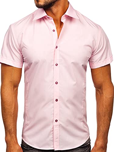 BOLF Herren Kurzarm Hemd Elegant Figurbetont Unifarbe Basic Slim Fit 7501 Rosa M [2B2]