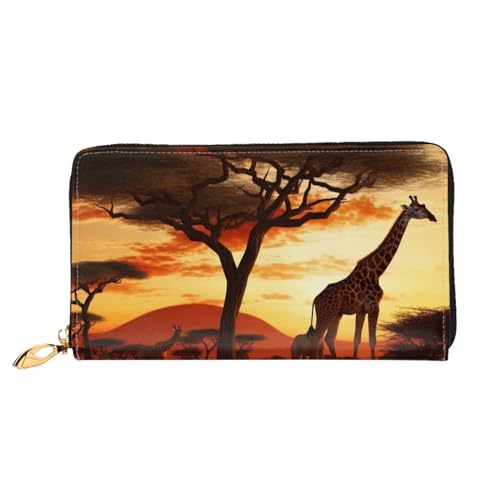 DENMER Beach Sunrise Ledergeldbörse, Kunstleder mit metallischem Reißverschluss, geräumiges und stilvolles Accessoire für moderne Frauen, Afrika Giraffe Majestic Tree, Einheitsgröße, Modern