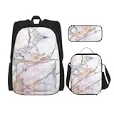 WURTON Rosa Weiß Marmor Muster Druck Trendy Rucksack Taschen Lunchbox und Federmäppchen 3 in 1 Verstellbarer Rucksack Set, Schwarz, Einheitsgröße, Schwarz , Einheitsgröße