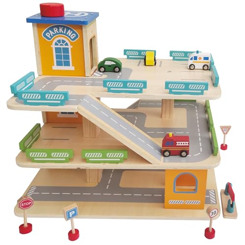 4iQ Group Parkhaus für Kinder aus Holz - Parkgarage für Kinder ab 3-48 x 36 x 39 cm