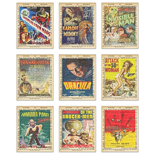 Vintage Sci-Fi Movie Dictionary Posters, 1950er Jahre Filmposter, klassische Filmposter, Vintage Filmposter, klassische Sci-Fi Filmposter, Horrorfilm-Merchandise, 9er-Set (20,3 x 25,4 cm)