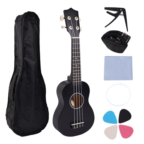 Naugan 21-Ukulele-Set für AnfäNger, 4-Saitige Kleine Gitarre, Lindenholz-Ukulele mit Tragetaschenclip und 4 Plektren - Schwarz