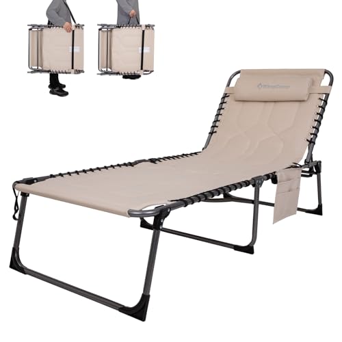 KingCamp Übergroße Sonnenliege Klappbar 5-Fach Verstellbar Gartenliege Liegestuhl Dreibeinliege Liege Campingliege mit Kopfkissen und Seitentasche bis 150 kg für Garten Urlaub Strand Pool 200 x 68 cm