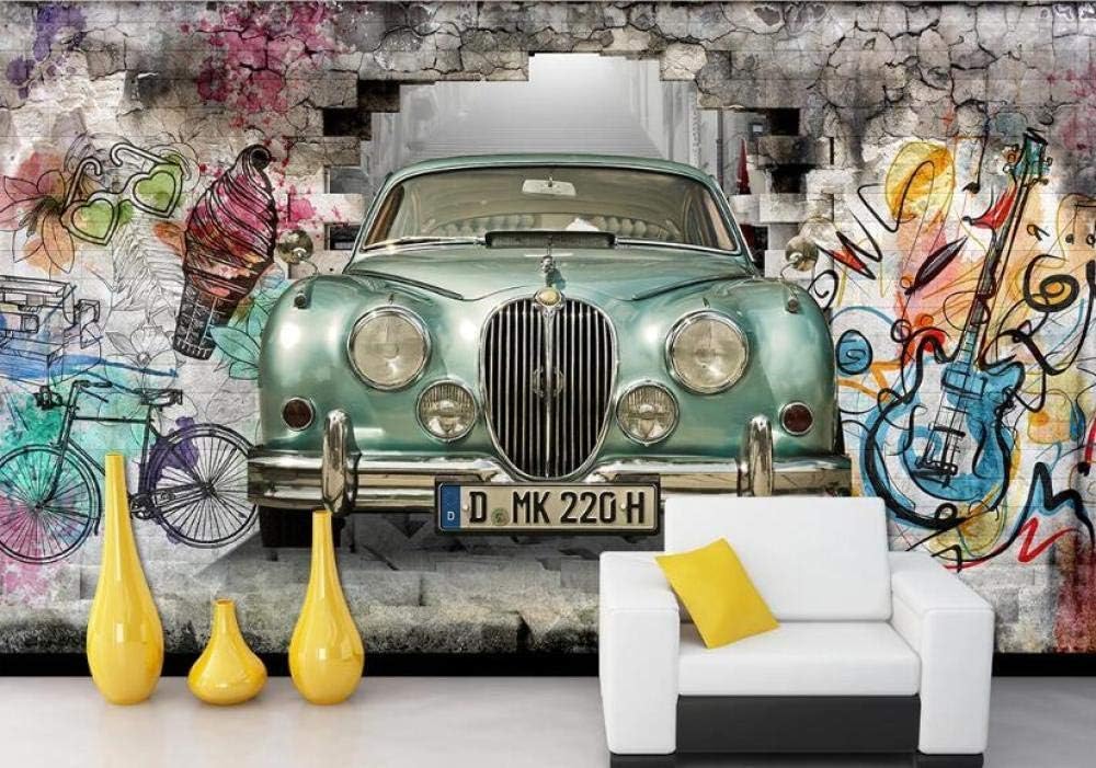 Oldtimer Graffiti Gitarre Fahrrad 3D Tapete Poster Restaurant Schlafzimmer Wohnzimmer Sofa TV Dekorative Wand-250cm×170cm