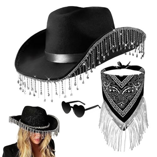 QARIDO Strass-Cowgirl-Hüte für Frauen, Cowgirl-Hut mit Herzbrille,3 Stück Cowgirl-Schal für Damen | Herz-Brillen-Set für Halloween, Maskerade, Abschlussfeier, Cosplay-Zubehör