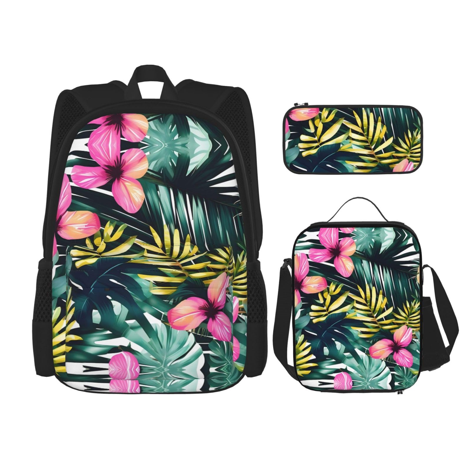 WURTON Tropischer Sommer, Hawaii-Blume, Palmblätter, bedruckt, Lunchbox, Federmäppchen, Rucksack-Set, 3-teilig, verstellbare Riemen, langlebig, leicht, Schwarz, One Size