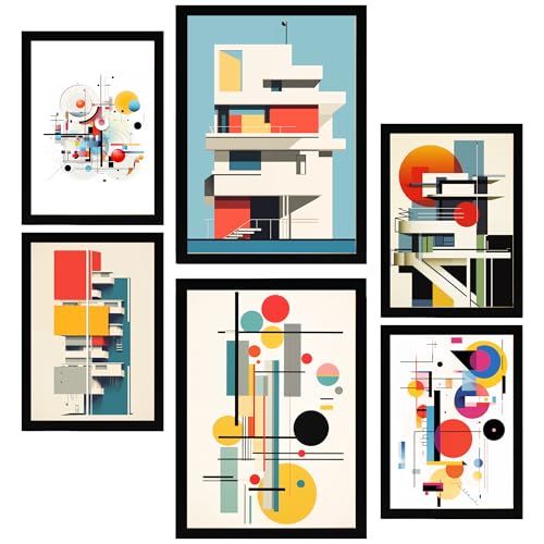 Nacnic 6er-Set Bauhaus Dekonstruierte Architektur Gerahmtes Poster mit Design-Illustrationen zur Dekoration der Wände Ihres Zuhause Zimmer Büro Laden Malerei im A3 & A4 Schwarzer Rahmen