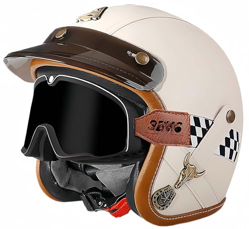 3/4 Vintage Helm Retro Motorradhelm Erwachsene Halbhelm ECE Approved Vintage Für Männer Und Frauen Mit Schutzbrille Offenes Gesicht Mopedhelm E,M54-56CM