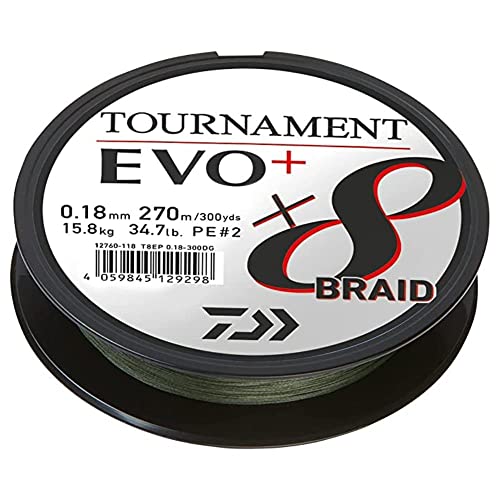 Daiwa Tournament x8 Braid EVO+ 0.26mm, 19.8kg/43.7Lbs, 270m, Dunkelgrün, Geflochtene Angelschnur, 12760-126