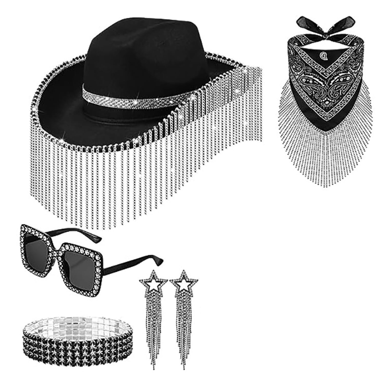 Party-Hüte, Cowgirl-Hut, Glitzer, Strass, Quasten, Damenhüte, 5-teiliges Set für Damen, Western-Cowgirl-Hut