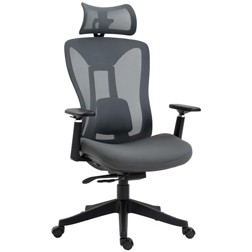 Vinsetto Bürostuhl, Ergonomischer Schreibtischstuhl, Computerstuhl mit Liegefunktion, PC Stuhl mit Verstellbarem Kopfkissen, Drehstuhl für Arbeitszimmer, Mesh, Grau