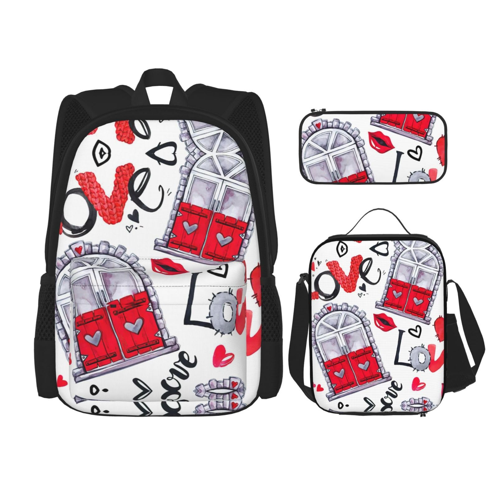 WURTON Rote Herz-Lippen und Liebe-Druck, trendige Rucksacktaschen, Lunchbox und Federmäppchen, 3-in-1, verstellbares Rucksack-Set