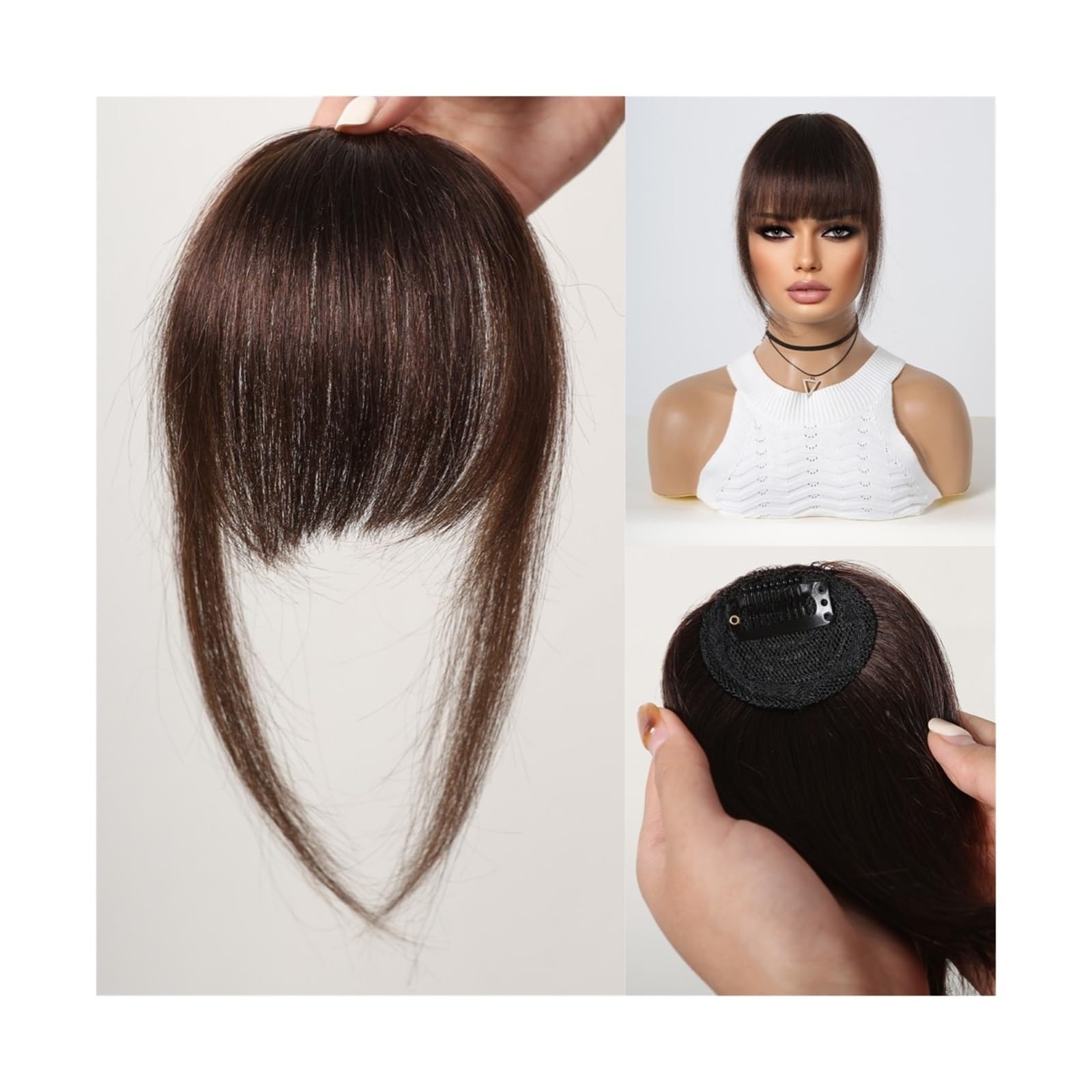 Pony Extension für Damen Echthaar-Pony-Clip-in-Haarverlängerungen über dem Kopf, braune Naturhaare, zarte Pony-Fransen-Haarteile for Frauen in Air Bangs Fringe Bangs(HLH1004-6)