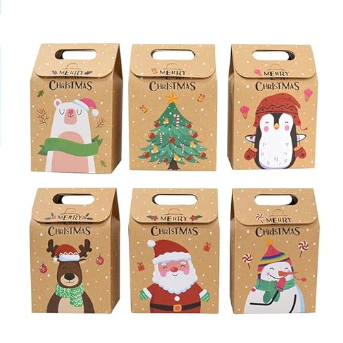 6/12 Stücke Kraftpapier Weihnachtsgeschenktüte Schneeflocke Tragbare Favor Pralinenschachtel Weihnachtsmann Lebensmittelverpackungsbeutel Neujahr Partyzubehör-Mischungen, 12 Stück, 9,4 x 6 x 14 cm