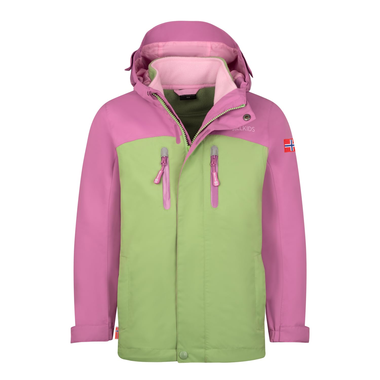 Trollkids Mädchen Bryggen wasserdichte winddichte 3in1 Jacke, Malvenpink/Pistaziengrün/Rosa, Größe 110