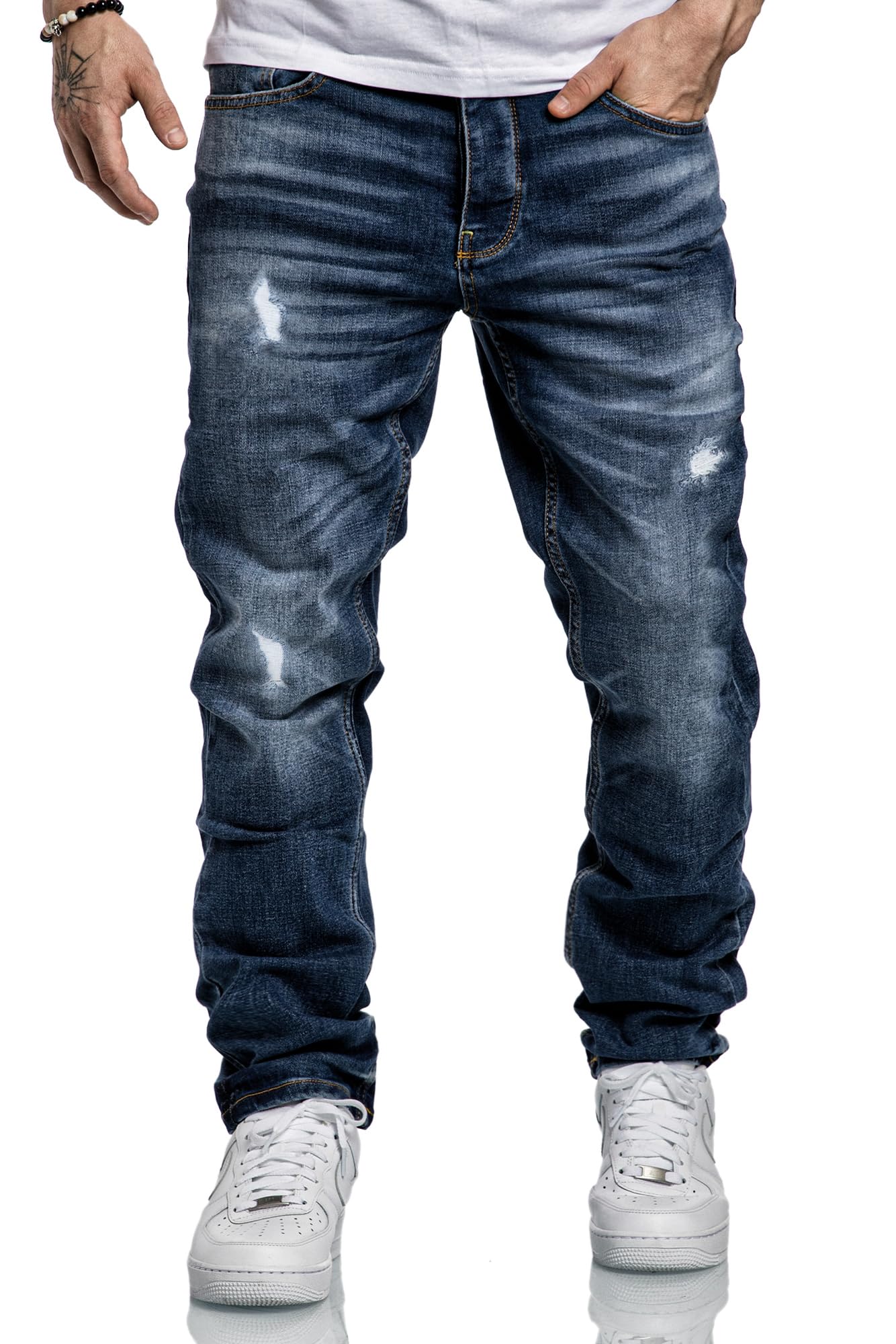 Amaci&Sons Herren Jeans Regular Straight Fit Denim Hose Destroyed A7998 Dunkelblau W32/L30