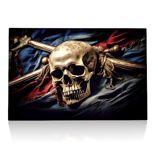 Skull and Bones - Leinwand Bild - Schädel und Knochen, Piraten Flagge, Totenkopf Wandbild aufhängefertig XXL Kunst Wand Druck Bilder Modern Art Wohnzimmer (140 x 90 cm, Leinwand)