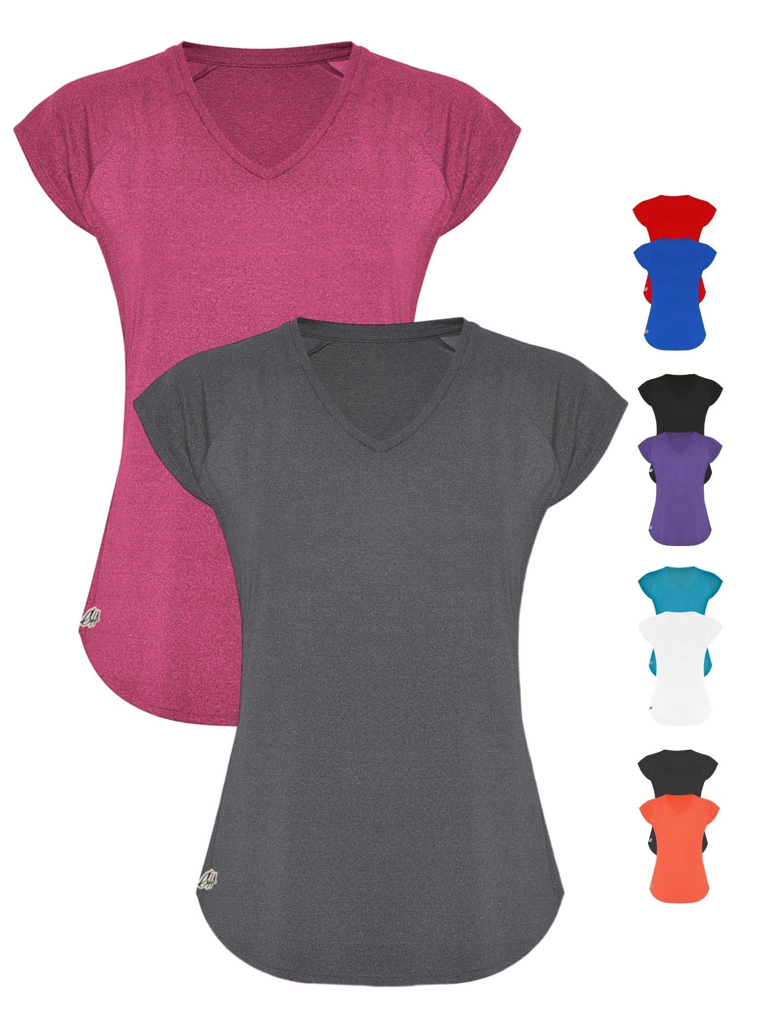 GO HEAVY Damen 2er-Pack Fitness Funktions Sport T-Shirt Laufshirt Kurzarm Schnelltrocknend | Grau/Rosa S