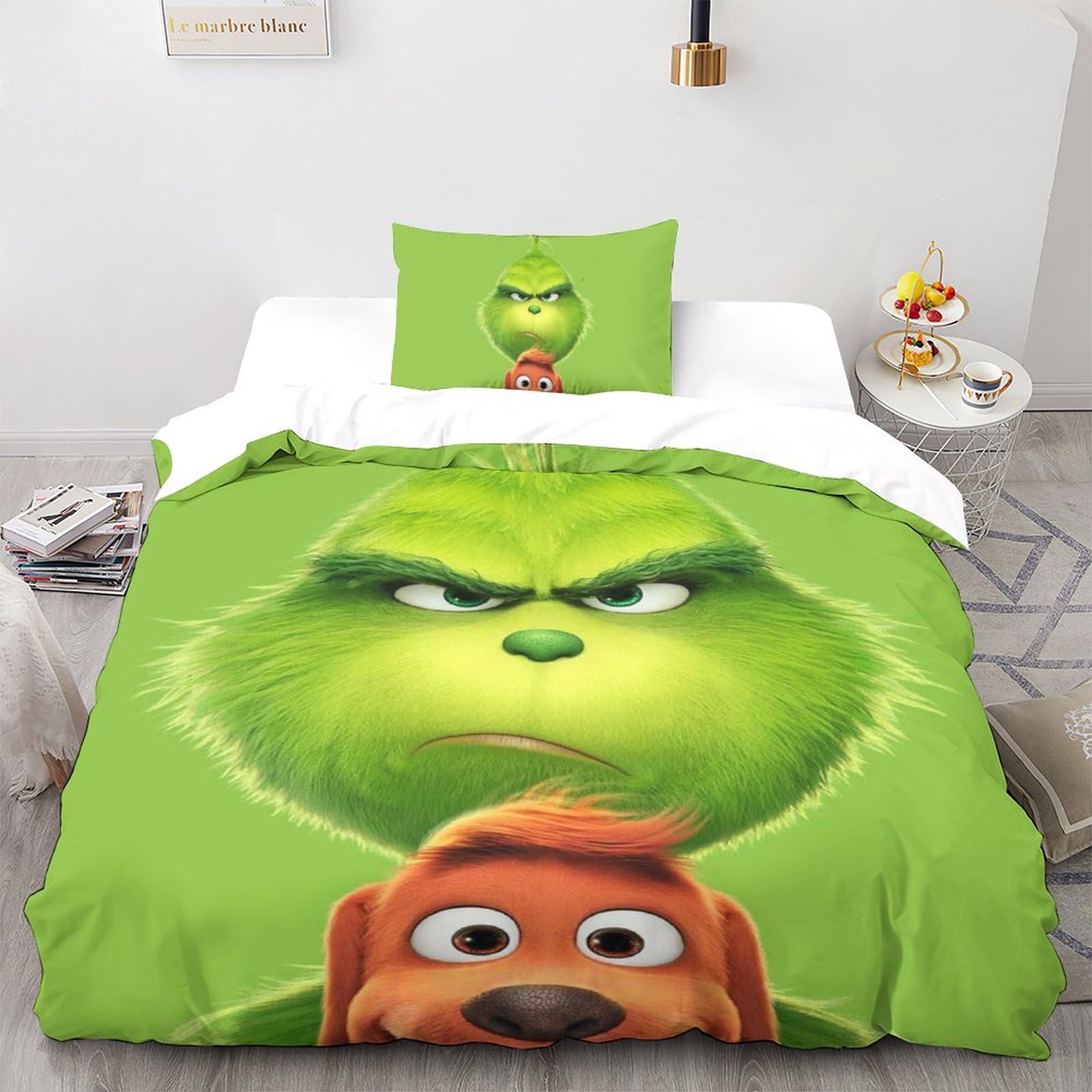 The-Grinch Atmungsaktive Cartoon-Animation Bettwäsche-Sets Aus Leichter Mikrofaser - 3-teiliges Duvet-Cover-Set Mit 3D-Print Und Verstecktem Reißverschluss Für Erholsamen Schlaf Single（135x200cm）