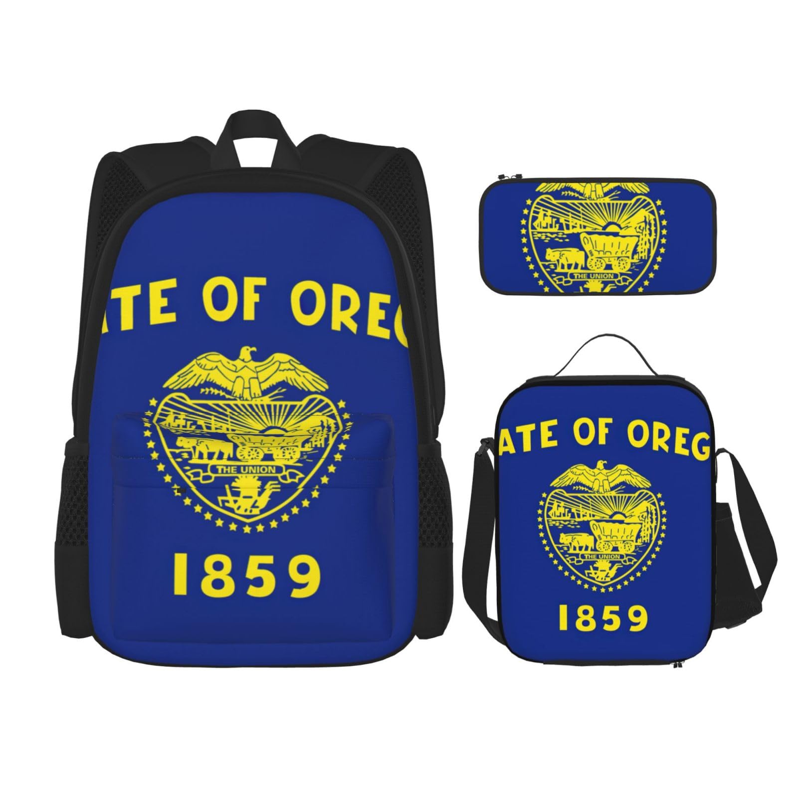 WURTON Oregon State Flag Print Trendy Rucksack Taschen Lunchbox und Federmäppchen 3-in-1 verstellbares Rucksack-Set, Schwarz, Einheitsgröße, Schwarz , Einheitsgröße