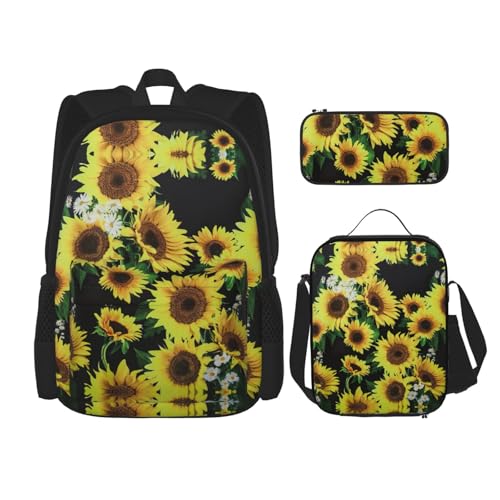 WURTON Sunflower 1 Druck Schulter-Rucksack 3-in-1 Büchertaschen-Set Lunchbox Federmäppchen Reise Laptop Tagesrucksäcke