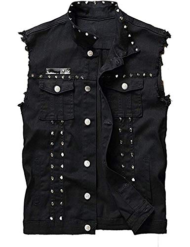 Idopy Herren Slim Fit Punk Denim Weste Ärmellose Jeans Weste Jacke mit Nieten Schwarz 3XL