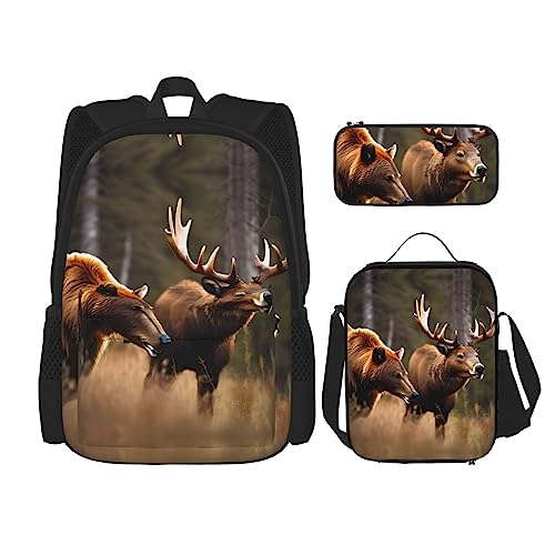 WURTON Wildlife Hunting Deer Bear Elch Print Travel Lunch Box Pencil Case Backpack Set 3 Pieces Adjustable Straps Lightweight