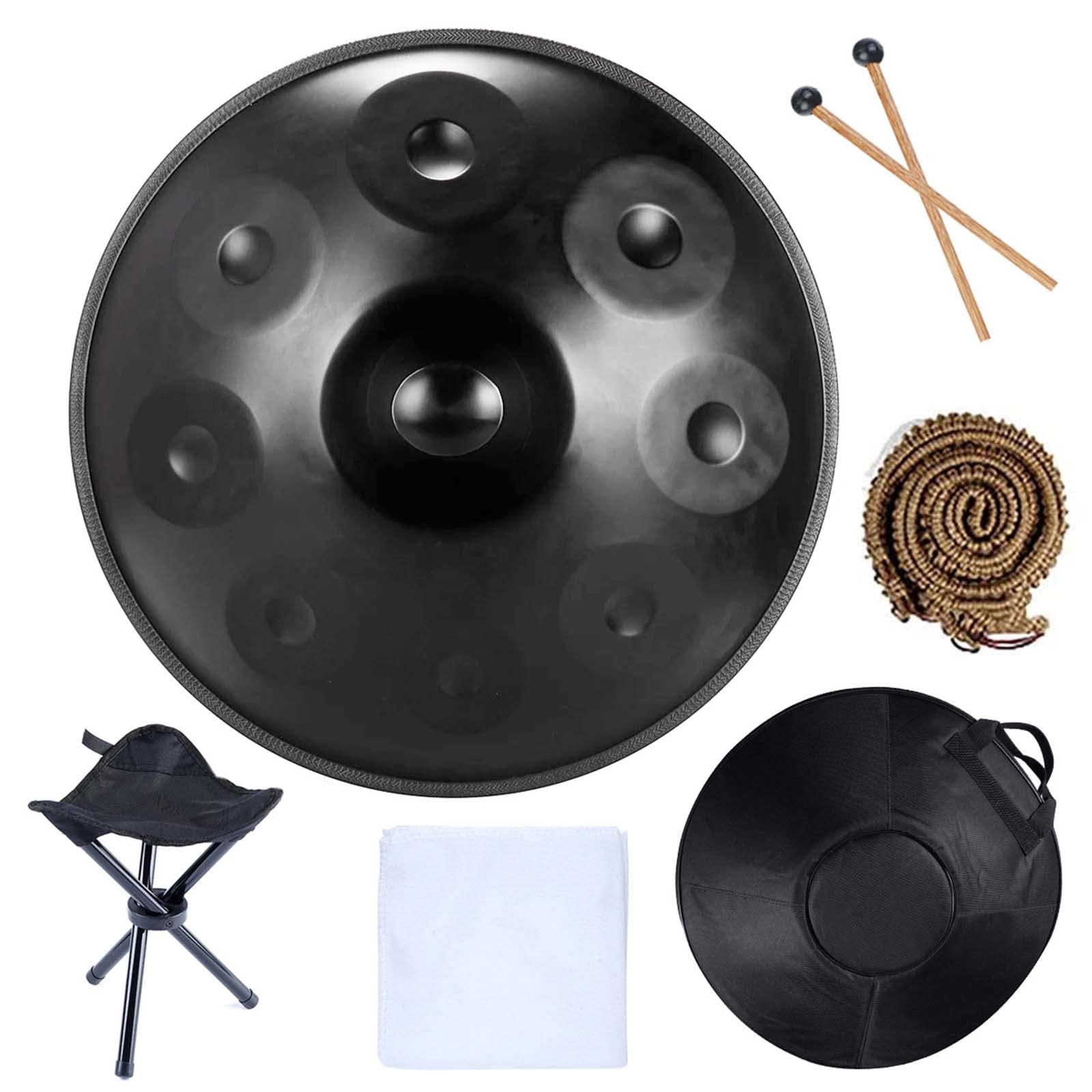 22-Zoll-Handpan-Trommel, D-Moll 9/10/12 Hinweis Handtrommel Aus Stahl, mit Weicher Handpan-Tasche, 2 HandpanschläGel, Handpan-StäNder, Kann mit Drumstick Gespielt Werden,Black 9 tones,22in