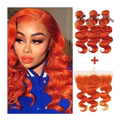 Human Hair Bundles Körperwelle Bundles mit Verschluss Blonde Orange Bundles 3/4 Bundles Brasilianische Haarwebart Bundles Wellig Spinnt Haareinschlagverlängerungen human hair weave (Color : With Fron