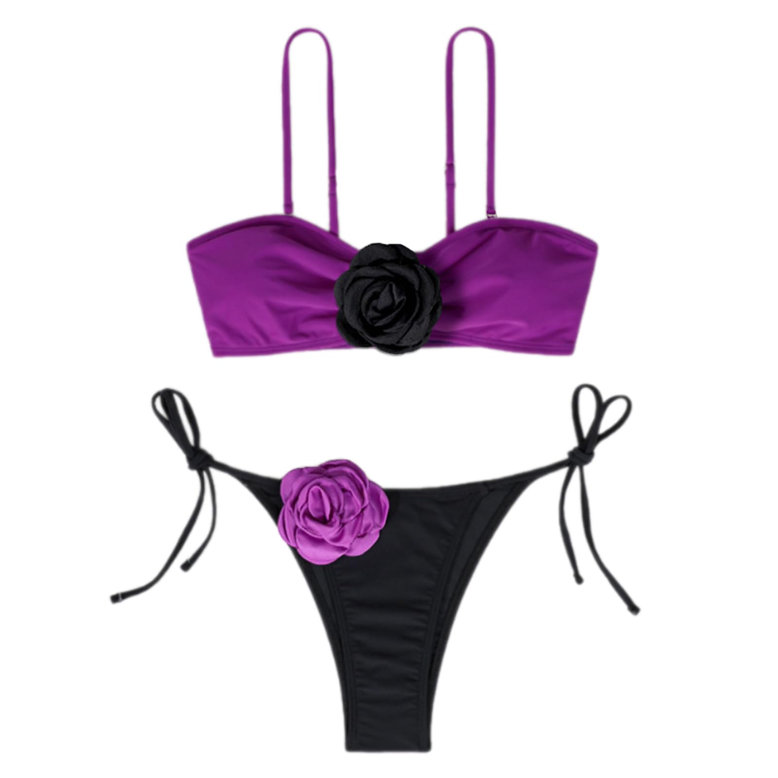 JUNNASALIKER Zweiteiliges Damen-Badeanzug-Set, 3D-Blumendekoration, Bandeau-Badeanzug mit verstellbarem Schulterriemen