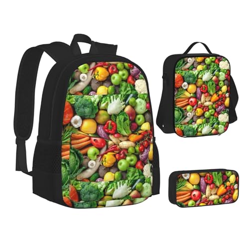 WURTON Büchertasche mit frischem Obst und Gemüse bedruckt, 3-in-1, Schulrucksäcke, Kinderrucksack-Set