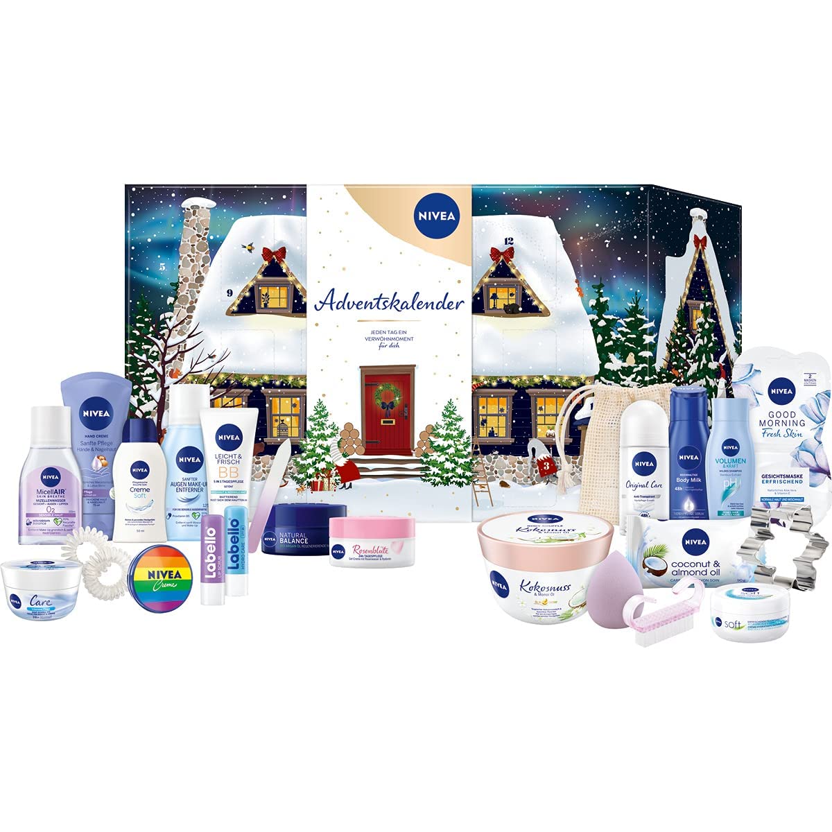 NIVEA Adventskalender 2021 für 24 einzigartige Verwöhnmomente, Weihnachtskalender mit ausgewählten Pflegeprodukten & Accessoires, Pflegeset für die Adventszeit