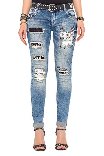 Cipo & Baxx Damen Ankle-Jeans Slim Fit Destroyed Ausgefranst 7/8 Länge Jeanshose mit Nieten und Ziersteine, Blau, 26