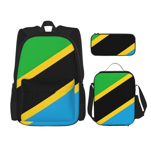 WURTON Rucksack mit Tansania-Flagge, 3-in-1, Büchertaschen-Set, Lunchbox, Federmäppchen, Reise-Laptop-Tagesrucksäcke, Schwarz, Einheitsgröße, Schwarz , Einheitsgröße