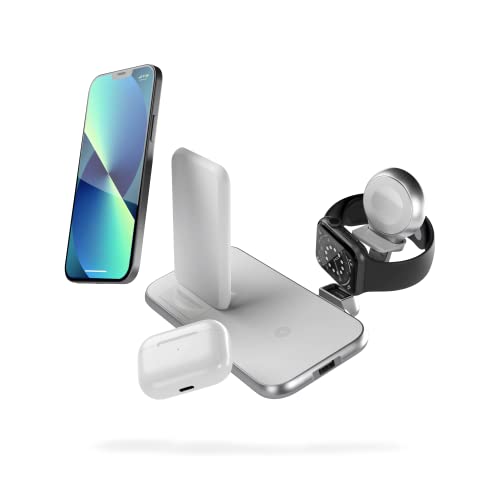 ZENS Stand+Watch 2x10W Aluminium 4in1 kabelloses Ladegerät (Apple & Samsung Fast Charging, Qi/MFi-Zertifiziert, Netzteil + Kabel inklusive) Weiß