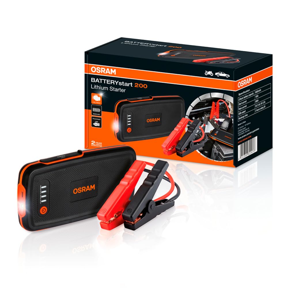 OSRAM BATTERYstart 200, KFZ Starthilfe, Lithium Batteriestarter 500A 12V für Motorrad & PKW mit Powerbank Funktion für bis zu 3L Benzinmotoren, 6000mAH