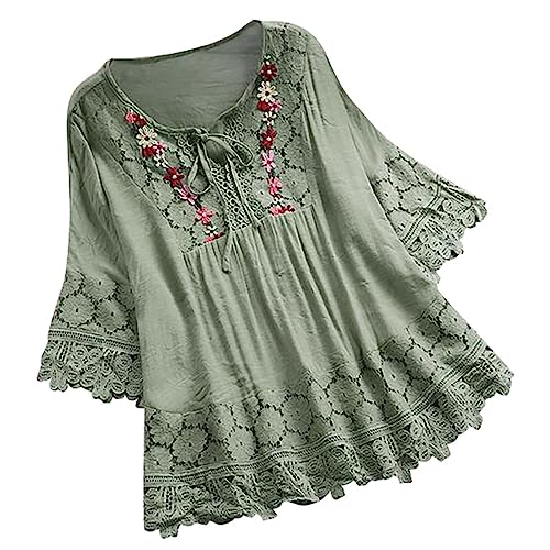 WINDEHAO Plus Size S-5XL Damen Baumwolle Leinen Bluse, Elegante Stickerei Blumen Spitze Hemden, Hohl Lace Up Tops Chemise