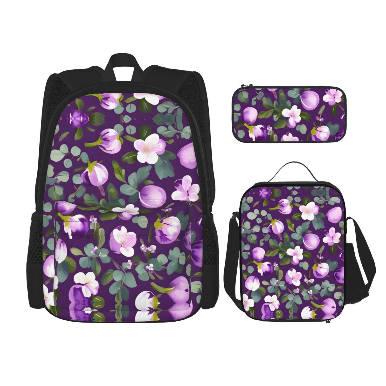 WURTON Spring Plum Floral Print Travel Lunch Box Pencil Case Backpack Set 3 Pieces Adjustable Straps Lightweight