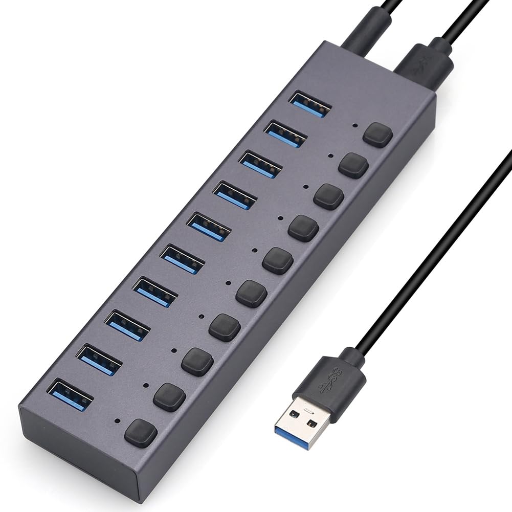 Knadgbft USB3.0-Splitter, 10-Port-Multi-Interface-HUB mit Schalter, Einfache Installation, Einfach zu Bedienen