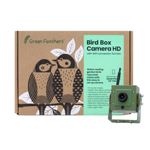 Green Feathers HD 1080p WiFi Wildlife Kamera & 10 m Stromkabel – Garten Wildlife Kamera & Habitat Kit, perfekt zum Betrachten von Vögeln und Anderen Tieren zu Hause auf Ihrem Handy, Tablet und TV