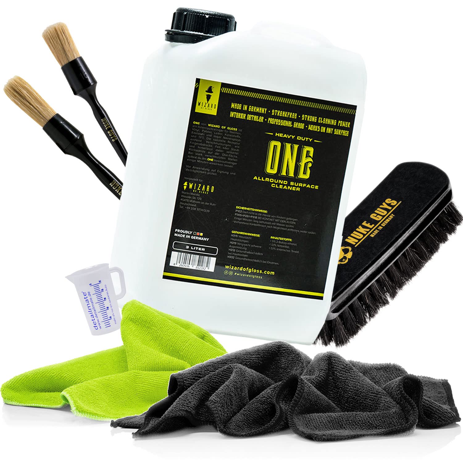 detailmate Allzweckreiniger Set: Wizard of Gloss One Allround Surface Cleaner 3L + Nuke Guys Reinigungspinsel Small & Large + Textilbürste + 2X Premium Mikrofasertuch 320GSM + Messbecher