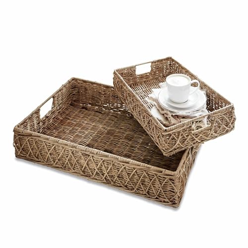 LOBERON Tablett 2er Set Cordillera, zwei Größen, Handgeflochten, Natürliche Optik, Wohn-Accessoires, Tischaccessoires, Rattan, Eisen, braun